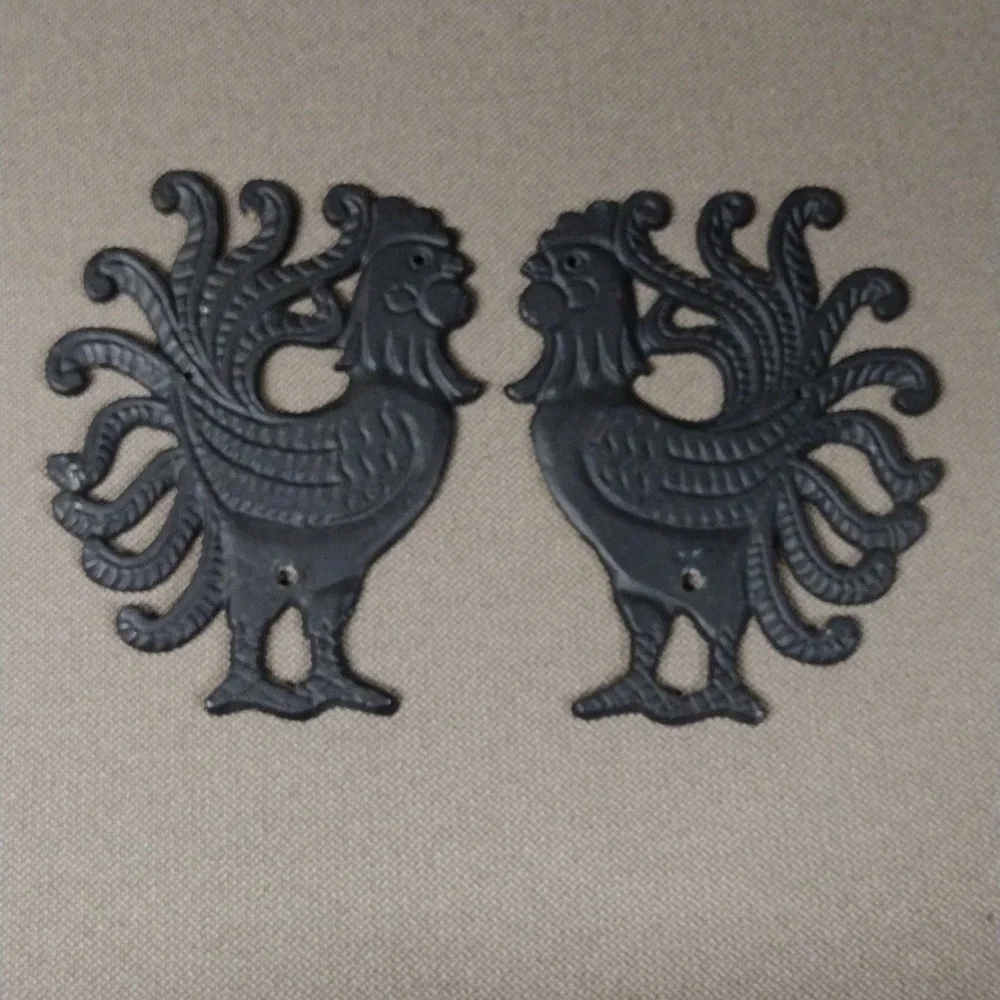 Pair cast iron rooster plaques